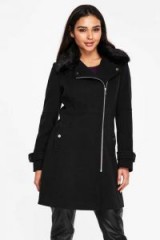 WALLIS Black Faux Fur Collar Longline Biker Coat | stylish black zip up coats
