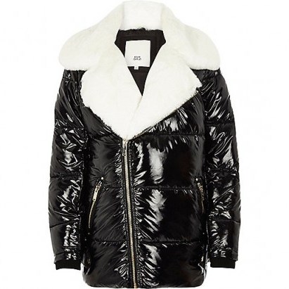 RIVER ISLAND Black high shine faux fur aviator jacket | shiny padded winter jackets - flipped