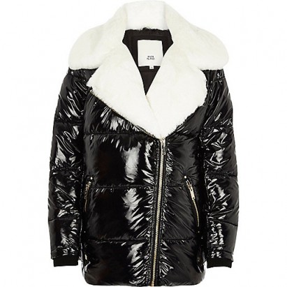 RIVER ISLAND Black high shine faux fur aviator jacket | shiny padded winter jackets