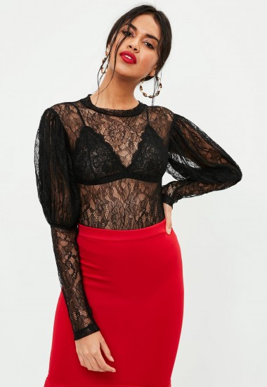 Missguided black lace puff sleeve bodysuit ~ sheer bodysuits
