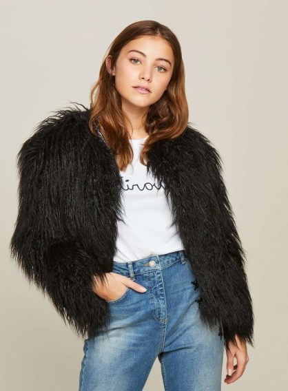 Miss Selfridge Black Mongolian Faux Fur Coat / shaggy winter coats - flipped