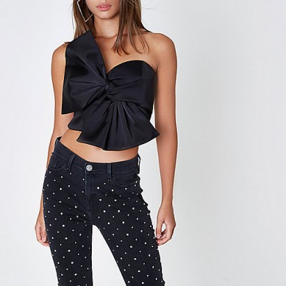 River Island Black oversized bow bandeau satin crop top – statement tops