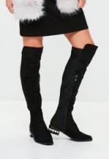 missguided black pearl heel knee high boots