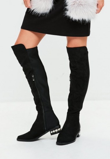 missguided black pearl heel knee high boots - flipped