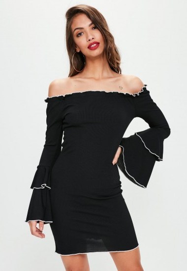Missguided black ribbed contrasting trim dress #lbd #bardot #dresses - flipped