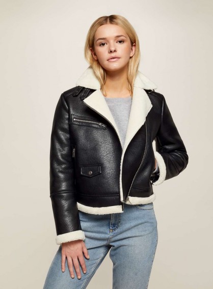 Miss Selfridge Black Shearling PU Biker Jacket ~ fur lined jackets