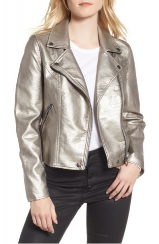 BLANKNYC Life Changer Moto Jacket | silver faux leather biker jackets