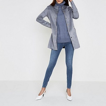River Island Blue faux suede edge to edge coat – collarless coats - flipped