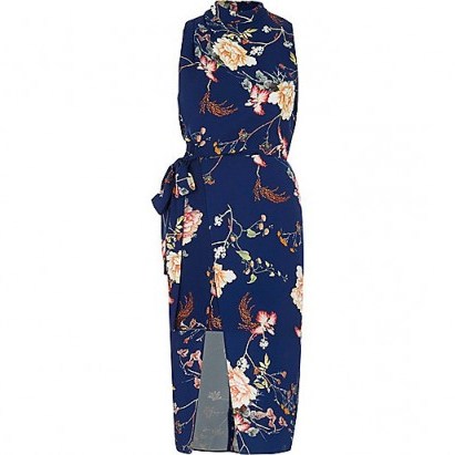 River Island Blue floral print high neck wrap midi dress – sleeveless front slit party dresses - flipped