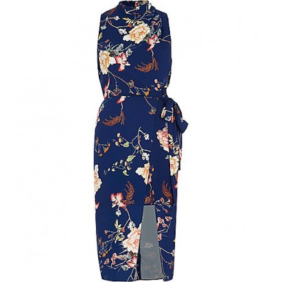 River Island Blue floral print high neck wrap midi dress – sleeveless front slit party dresses