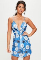 Missguided blue floral print twisted front mini dress ~ silky luxe style going out dresses