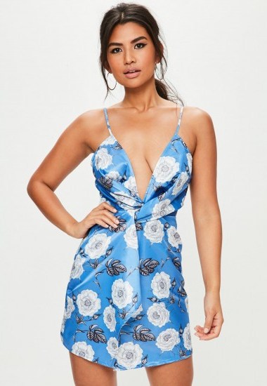 Missguided blue floral print twisted front mini dress ~ silky luxe style going out dresses - flipped