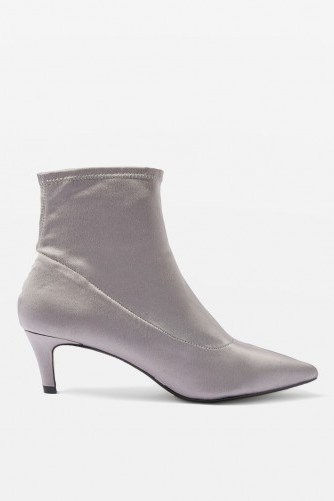 BONBON Kitten Heel Boots ~ grey stretch satin boot - flipped
