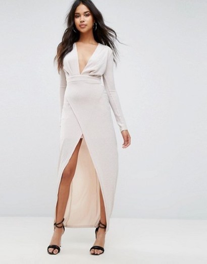 Boohoo Plunge Split Front Maxi Dress – plunging party dresses - flipped