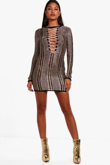boohoo Boutique Amber Metallic Knit Bodycon Dress | going out mini dresses | party knitwear - flipped