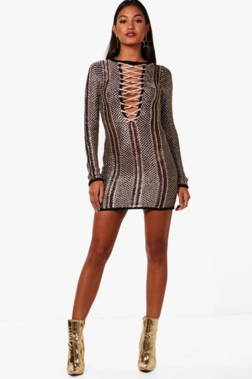 boohoo Boutique Amber Metallic Knit Bodycon Dress | going out mini dresses | party knitwear