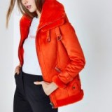 river island bright orange faux fur trim aviator jacket – brightly coloured winter jackets