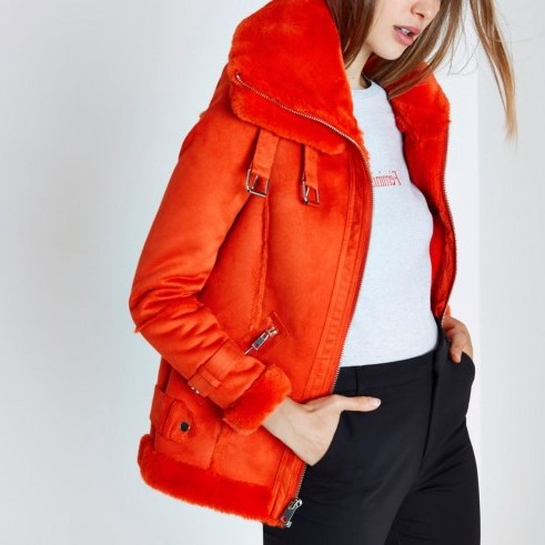 river island bright orange faux fur trim aviator jacket – brightly coloured winter jackets - flipped