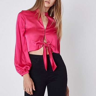 River Island bright pink satin choker long sleeve crop top ~ tie front tops - flipped