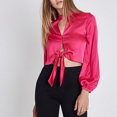 River Island bright pink satin choker long sleeve crop top ~ tie front tops