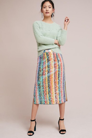 Maeve Brix Sequined Palette Skirt / rainbow sequin midi skirts