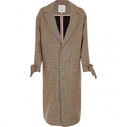 River Island Brown check tie cuff coat ~ longline dogtooth print coats - flipped