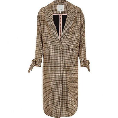 River Island Brown check tie cuff coat ~ longline dogtooth print coats