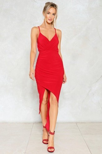 NASTY GAL Burning Up Wrap Dress | red ruched plunge front dresses - flipped