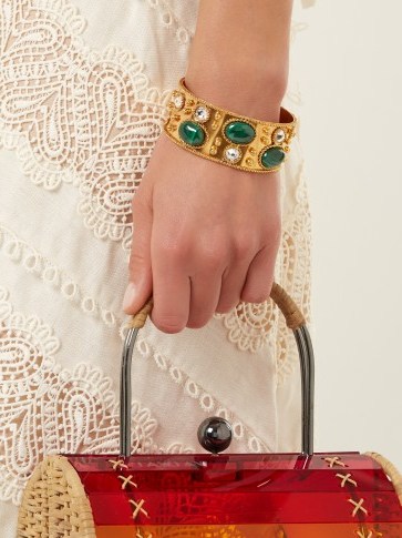 SYLVIA TOLEDANO Byzance Twisted gold-plated cuff / green stone and clear crystal cuffs / eye-catching jewellery - flipped