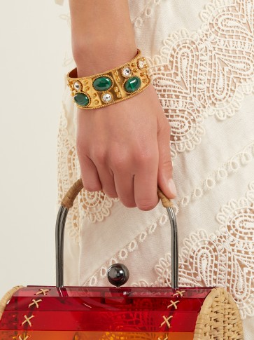 SYLVIA TOLEDANO Byzance Twisted gold-plated cuff / green stone and clear crystal cuffs / eye-catching jewellery
