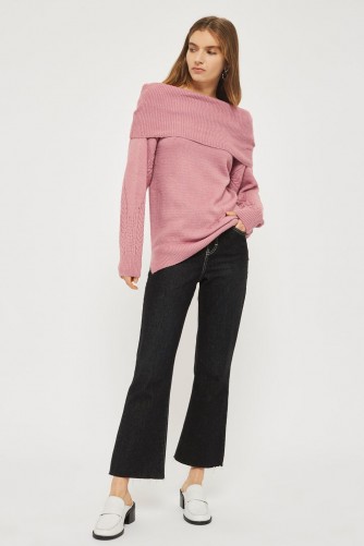 Topshop Cable Sleeve Bardot Jumper | pink off the shoulder jumpers