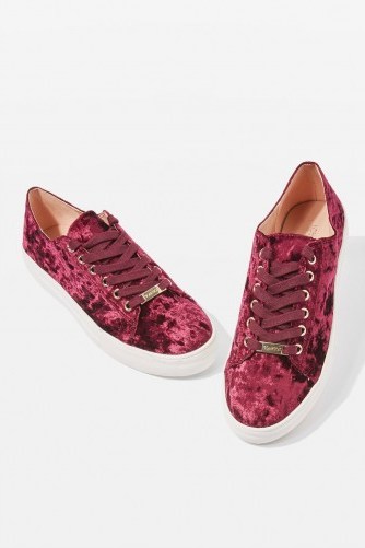 Topshop CARAMEL Velvet Trainers | burgundy sneakers | sports luxe | sporty flats - flipped