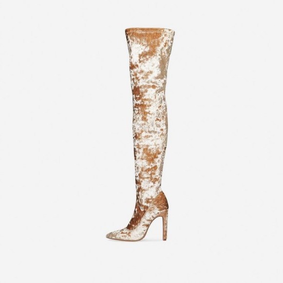 EGO Carey Stiletto Over The Knee Long Boot In Nude Velvet | luxe style boots - flipped