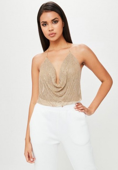 carli bybel x missguided gold chain mail cowl bralet | plunge front tops - flipped