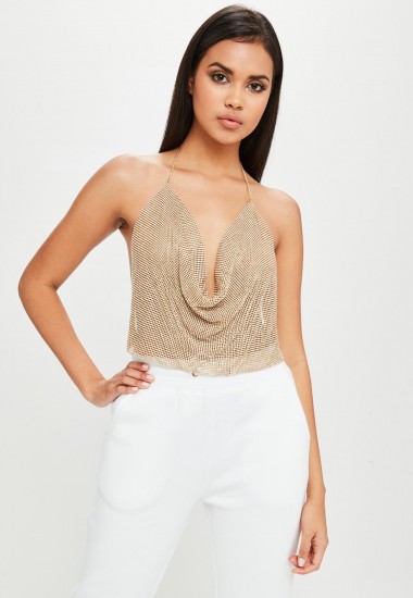 carli bybel x missguided gold chain mail cowl bralet | plunge front tops