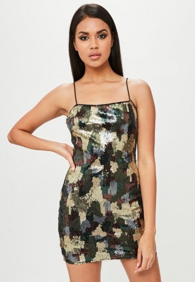 carli bybel x missguided green camo sequin dress ~ strappy party dresses - flipped
