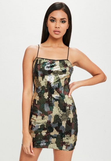 carli bybel x missguided green camo sequin dress ~ strappy party dresses