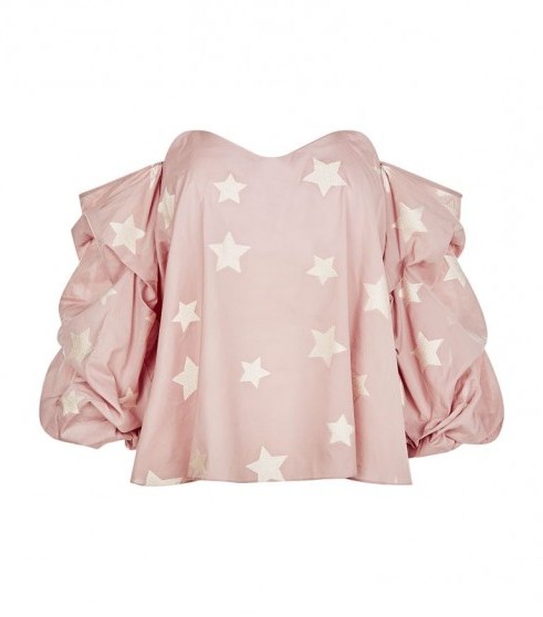 Caroline Constas Gabriella Blouse ~ pink off shoulder ruffle sleeve blouses ~ star prints - flipped