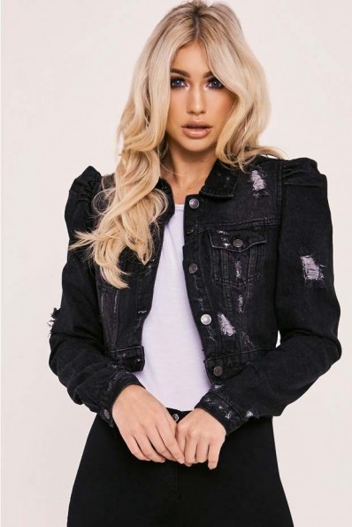 In The Style CAROY BLACK DISTRESSED CROPPED DENIM JACKET ~ puff sleeve jackets
