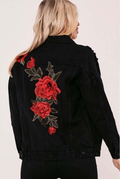 IN THE STYLE CARSON BLACK FLORAL APPLIQUE DENIM JACKET - flipped