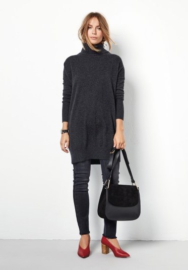 hush Cashmere Roll Neck Dress / charcoal grey high neck jumper dresses / chic knitted fashion - flipped