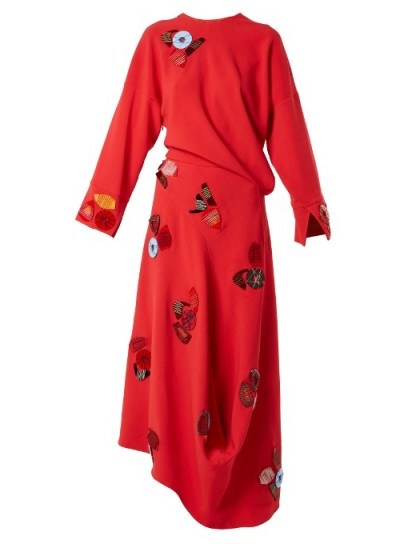 ROKSANDA Cassia embellished asymmetric dress ~ red draped embroidered dresses - flipped