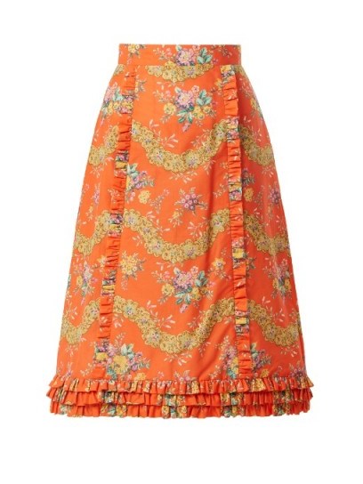 THE VAMPIRE’S WIFE Cate Liberty floral-print cotton midi skirt | orange ruffle trimmed skirts - flipped
