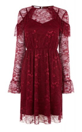 Warehouse CHANTILLY LACE DRESS – dark red semi sheer party dresses - flipped