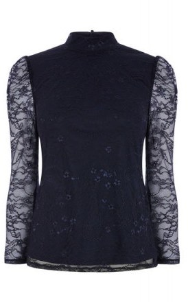 WAREHOUSE CHANTILLY LACE HIGH NECK TOP | navy blue sheer sleeved tops - flipped
