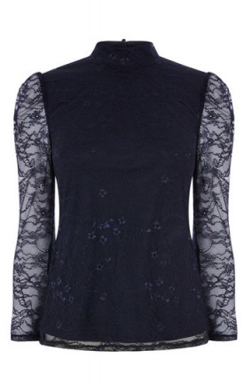 WAREHOUSE CHANTILLY LACE HIGH NECK TOP | navy blue sheer sleeved tops