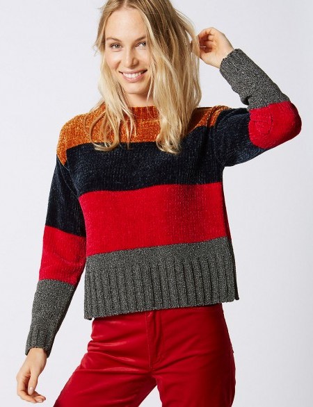 M&S COLLECTION Chenille Colour Block Round Neck Jumper ~ colourblock jumpers ~ marks and spencer knitwear - flipped