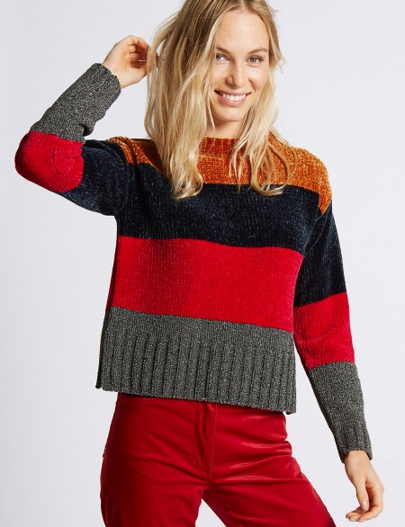 M&S COLLECTION Chenille Colour Block Round Neck Jumper ~ colourblock jumpers ~ marks and spencer knitwear