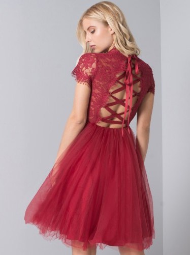 CHI CHI KATHRIN DRESS – red lace and tulle party dresses – lace up back - flipped