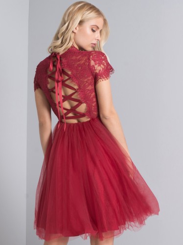CHI CHI KATHRIN DRESS – red lace and tulle party dresses – lace up back